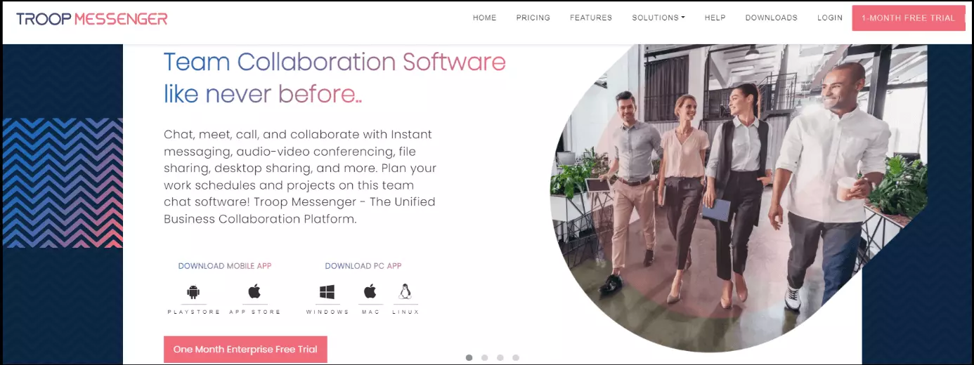 Página web para descargar Troop Messenger, la aplicación de mensajería para equipos